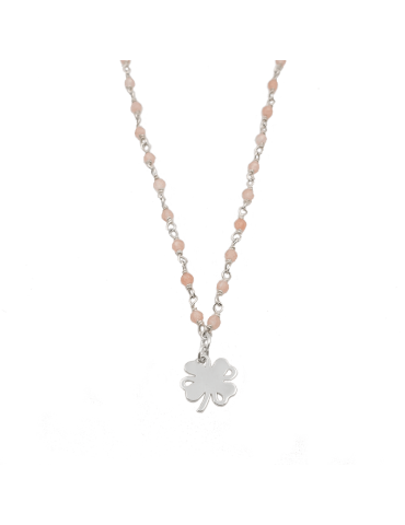 Collier pierre de lune rose et Trèfle en Argent 925 - Cloé Aloe Bijoux
