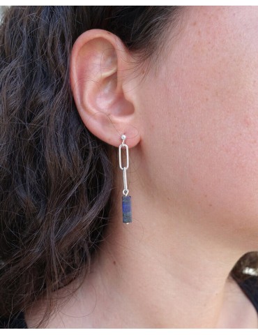 Boucles d'oreilles rectangles entrelacés en Argent 925 avec Lapis Lazuli - Prisme Aloe Bijoux