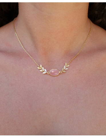 Collier Feuilles de Laurier en Plaqué Or et Quartz Rose Aloe Bijoux