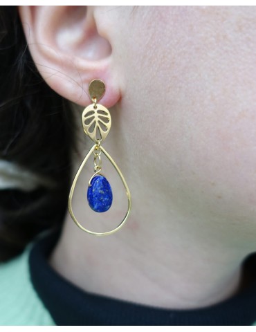 Boucles d'oreilles pendantes Feuille ajourée et Lapis lazuli en Plaqué or Aloe Bijoux