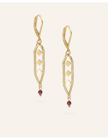 Boucles Pendantes 3 Losanges en Plaqué Or avec Grenats Aloe Bijoux